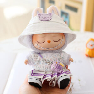 (Only Outfit) White Knit Top and Purple Trimmed Skirt with Bear Hat