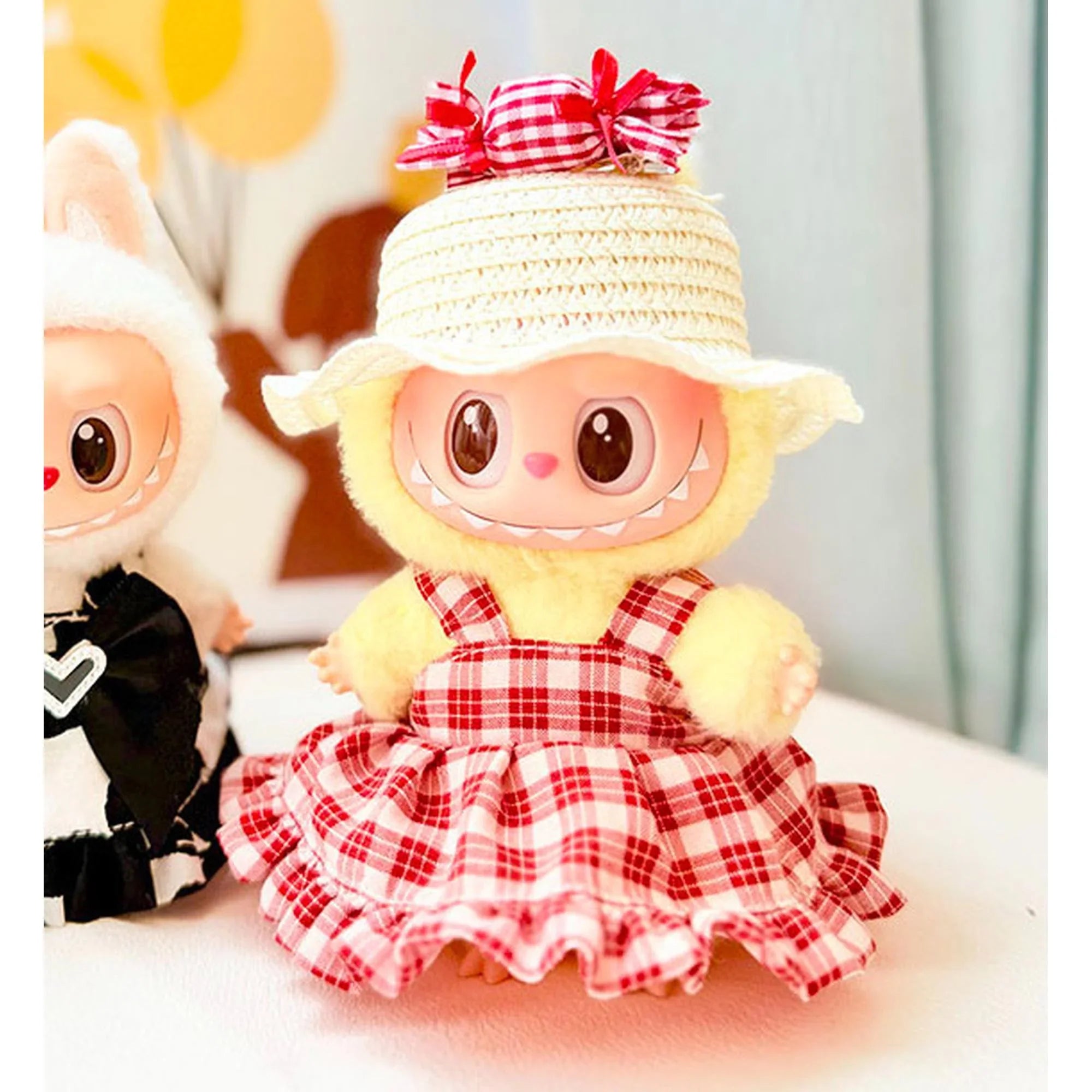 (Only Outfit) White Wave Straw Hat & Red Plaid Candy Skirt With Charms
