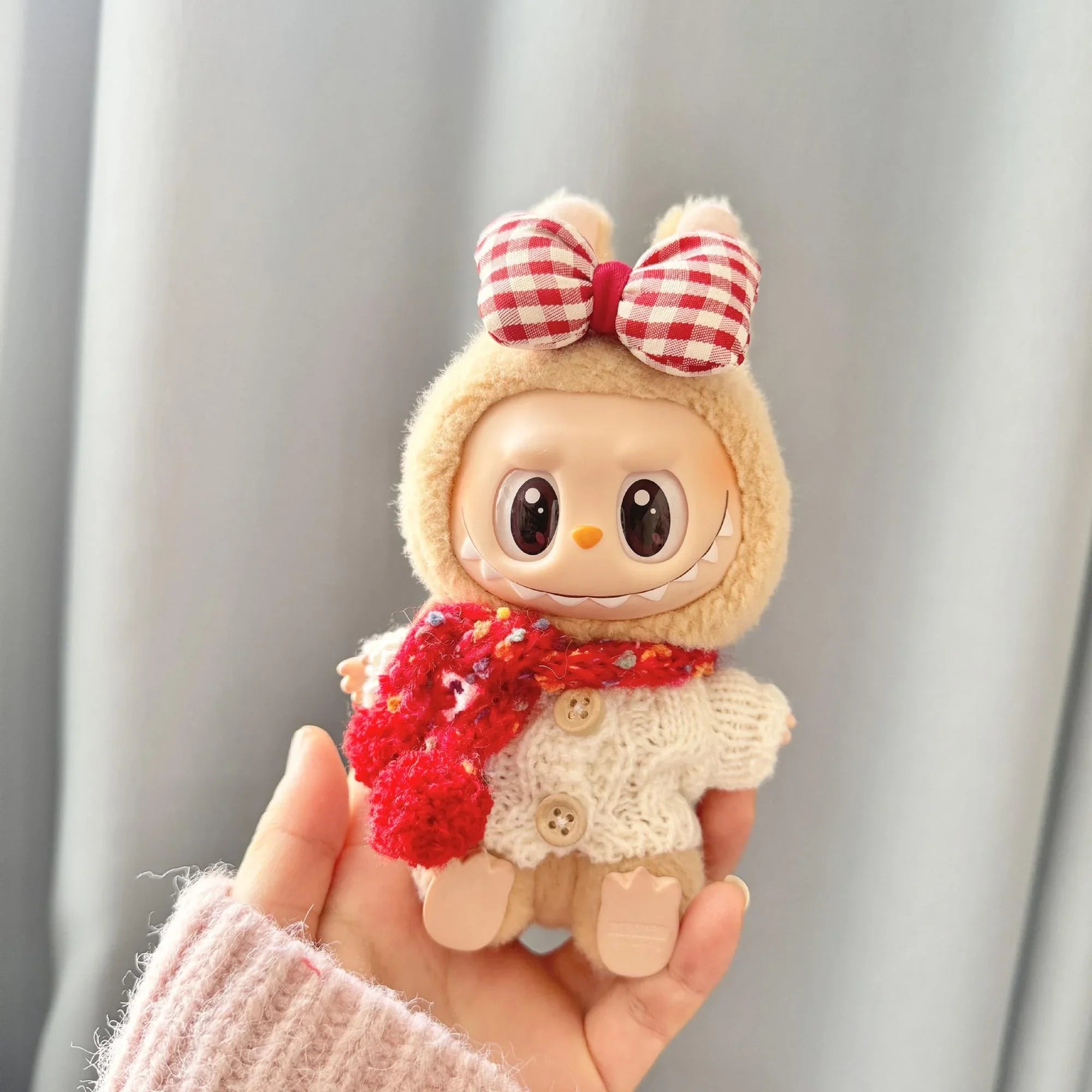 (Only Outfit) White Wooden Button Sweater & Red Polka Dot Scarf