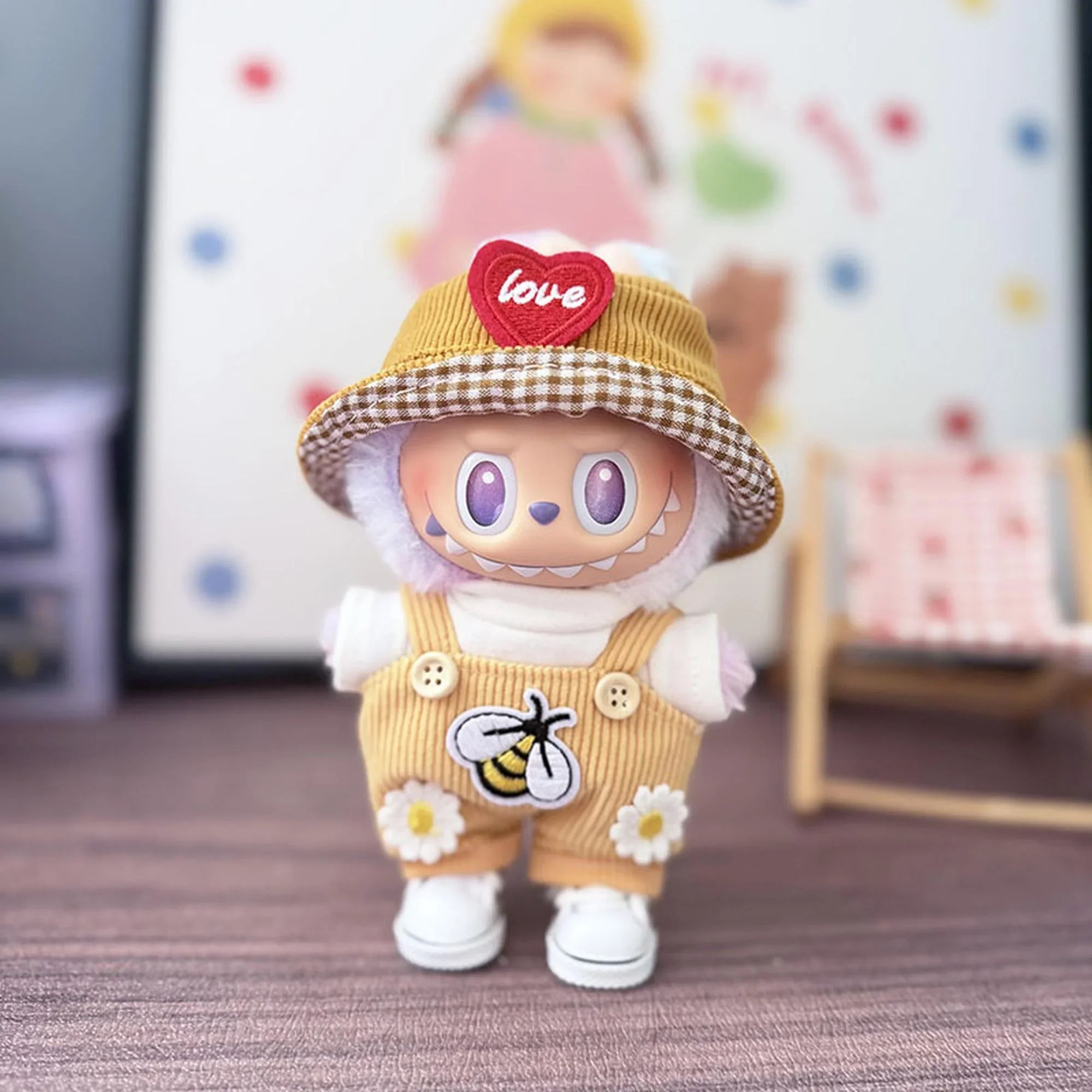 (Only Outfit) Yellow Bee Overalls & Yellow Heart Hat & White Canvas Shoes