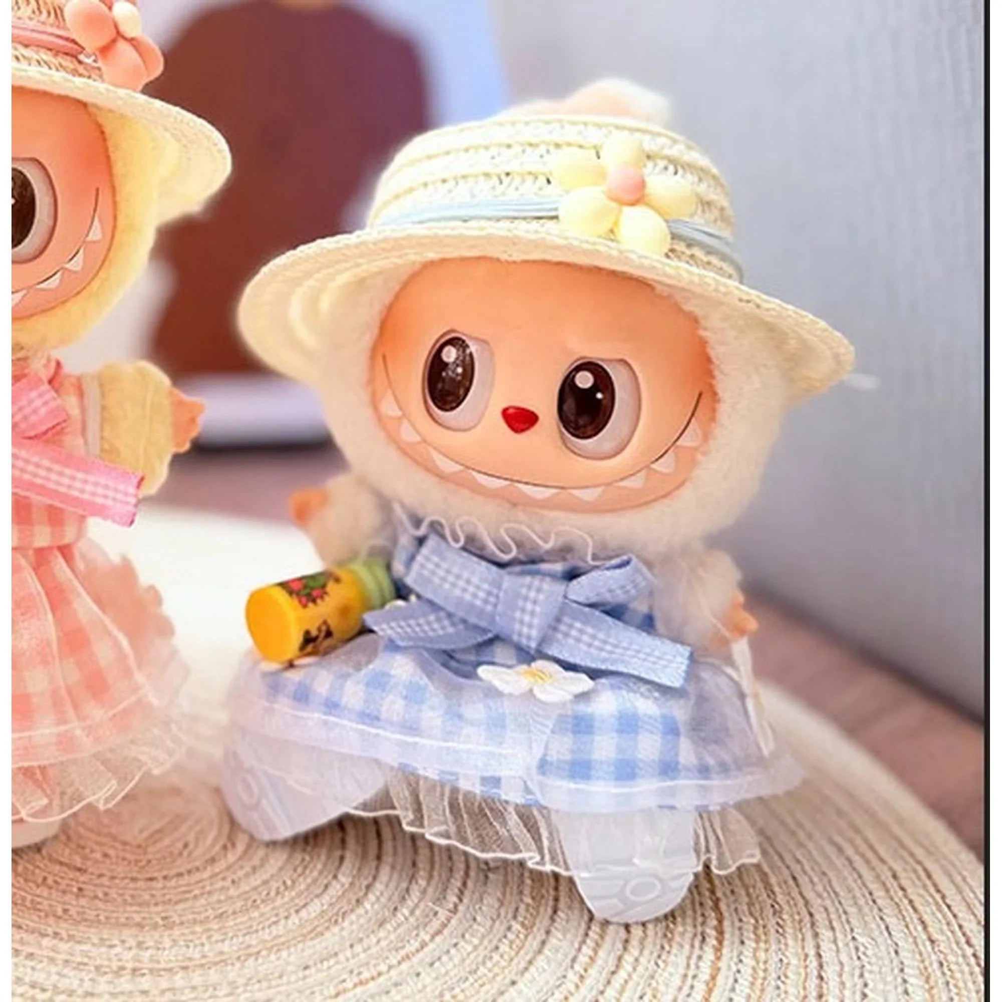 (Only Outfit) Blue White Check Dress & Yellow Flat Top Hat